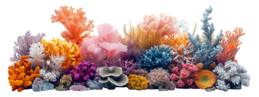 AI generated Panoramic view of vibrant colorful coral reef biodiversity on transparent background - stock png. png