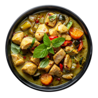 AI generated Spicy Thai green curry with chicken chunks and basil leaves on transparent background - stock png. png