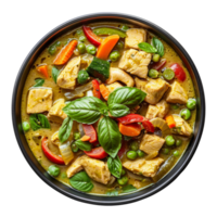 AI generated Spicy Thai green curry with chicken chunks and basil leaves on transparent background - stock png. png