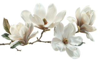 AI generated Soft white magnolia flowers in full bloom on branch on transparent background - stock png. png