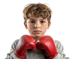 AI generated Youthful boxer in red gloves ready for athletic training on transparent background - stock png. png