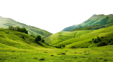 ai gerado sereno rolando verde colinas dentro uma exuberante pastoral panorama em transparente fundo - estoque png. png