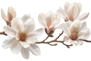 AI generated Soft white magnolia flowers in full bloom on branch on transparent background - stock png. png