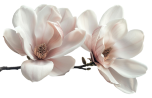 AI generated Soft white magnolia flowers in full bloom on branch on transparent background - stock png. png