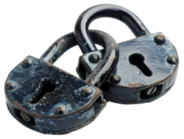 AI generated Interlocked vintage padlocks with blue patina on transparent background - stock png. png