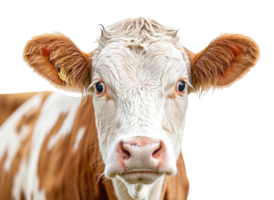 AI generated Portrait of a curious cow with white and brown coat on transparent background - stock png. png