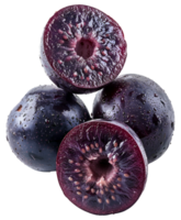 AI generated Whole and halved black acai berrie with water droplets on transparent background - stock png. png