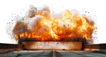 ai generiert heftig Brücke Explosion mit wogend Rauch und Feuer auf transparent Hintergrund - - Lager png. png