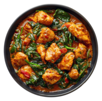 ai généré épicé poulet tikka Masala avec épinard dans une noir bol sur transparent Contexte - Stock png. png