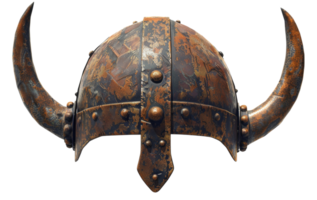 AI generated Ancient Norse Viking helmet with intricate metalwork and horns on transparent background - stock png. png