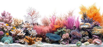 AI generated Panoramic view of vibrant colorful coral reef biodiversity on transparent background - stock png. png