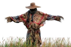 AI generated Handmade scarecrow guarding the autumn harvest field on transparent background - stock png. png