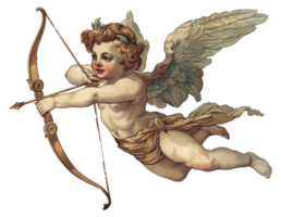 AI generated Vintage illustration of a cupid with bow and arrow in flight on transparent background - stock png. png