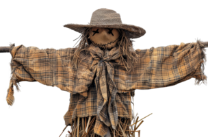 AI generated Handmade scarecrow guarding the autumn harvest field on transparent background - stock png. png