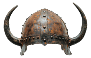 AI generated Ancient Norse Viking helmet with intricate metalwork and horns on transparent background - stock png. png