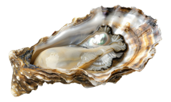 AI generated Lustrous pearl nestled within a natural oyster shell on transparent background - stock png. png