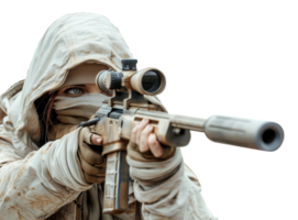 AI generated Camouflaged soldier aiming with precision and focus on transparent background - stock png. png