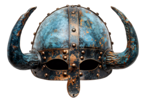 AI generated Ancient Norse Viking helmet with intricate metalwork and horns on transparent background - stock png. png