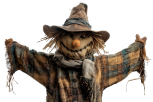 ai genererad handgjort scarecrow bevakning de höst skörda fält på transparent bakgrund - stock png. png