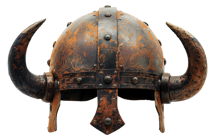 AI generated Ancient Norse Viking helmet with intricate metalwork and horns on transparent background - stock png. png