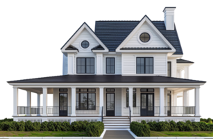 AI generated Elegant white Victorian house with gray accents and spacious front porch on transparent background - stock png. png