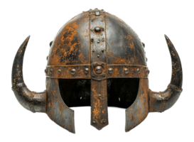 AI generated Ancient Norse Viking helmet with intricate metalwork and horns on transparent background - stock png. png