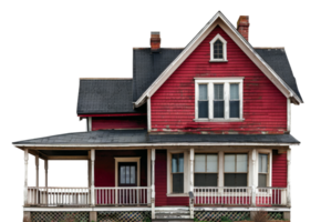 AI generated Vibrant red house with wraparound porch and gabled roofs on transparent background - stock png. png