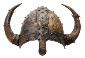 AI generated Ancient Norse Viking helmet with intricate metalwork and horns on transparent background - stock png. png