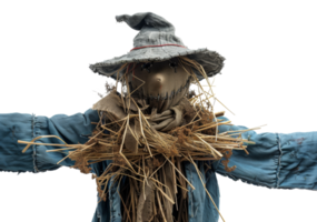 AI generated Handmade scarecrow guarding the autumn harvest field on transparent background - stock png. png