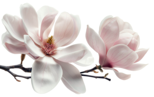 AI generated Soft white magnolia flowers in full bloom on branch on transparent background - stock png. png