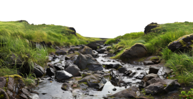 AI generated Tranquil grassland with a clear rocky stream flowing through on transparent background - stock png. png