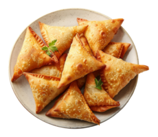 AI generated Golden fried samosas served on a white plate on transparent background - stock png. png