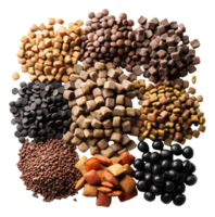 AI generated Assorted textures and shapes of dry pet food for nutrition on transparent background - stock png. png