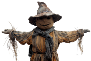 AI generated Handmade scarecrow guarding the autumn harvest field on transparent background - stock png. png