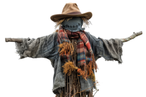 AI generated Handmade scarecrow guarding the autumn harvest field on transparent background - stock png. png