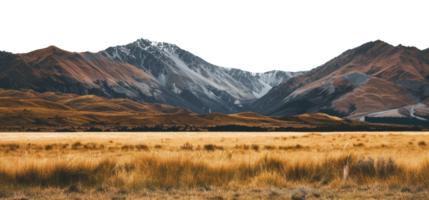 AI generated Snow-capped mountains towering over golden meadows and trees on transparent background - stock png. png