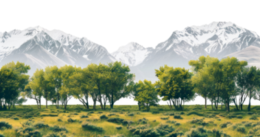 AI generated Snow-capped mountain range behind a grove of trees on transparent background - stock png. png