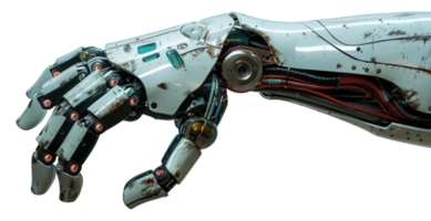 AI generated Futuristic white robotic arm with mechanical complexity on transparent background - stock png. png