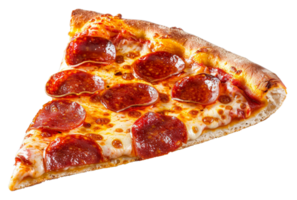 ai gerado quente calabresa pizza fatia com Derretendo queijo em transparente fundo - estoque png. png