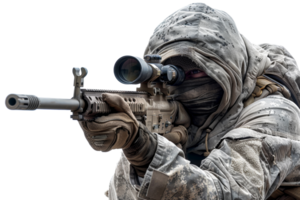 AI generated Camouflaged soldier aiming with precision and focus on transparent background - stock png. png