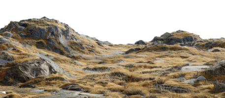 AI generated Barren rocky landscape with patches of dry grass and rugged terrain on transparent background - stock png. png