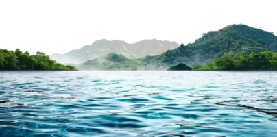 AI generated Serene lake with lush green mountainous backdrop in a tranquil environment on transparent background - stock png. png