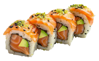 AI generated Fresh salmon sushi roll with avocado and rice on transparent background - stock png. png