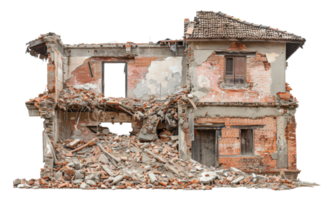 AI generated Demolished building ruins with scattered debris on transparent background - stock png. png