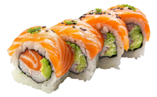 AI generated Fresh salmon sushi roll with avocado and rice on transparent background - stock png. png