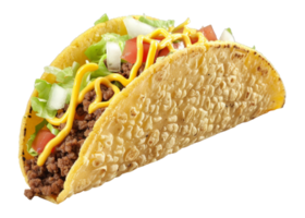 AI generated Crunchy beef taco with lettuce, cheese, and tomato on transparent background - stock png. png