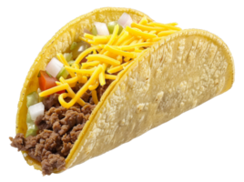 AI generated Crunchy beef taco with lettuce, cheese, and tomato on transparent background - stock png. png