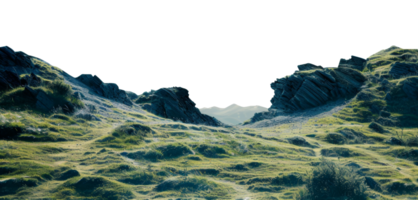 AI generated Rolling green hills under a clear sky in a serene rural landscape on transparent background - stock png. png