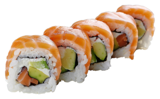 AI generated Fresh salmon sushi roll with avocado and rice on transparent background - stock png. png