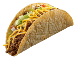 AI generated Crunchy beef taco with lettuce, cheese, and tomato on transparent background - stock png. png